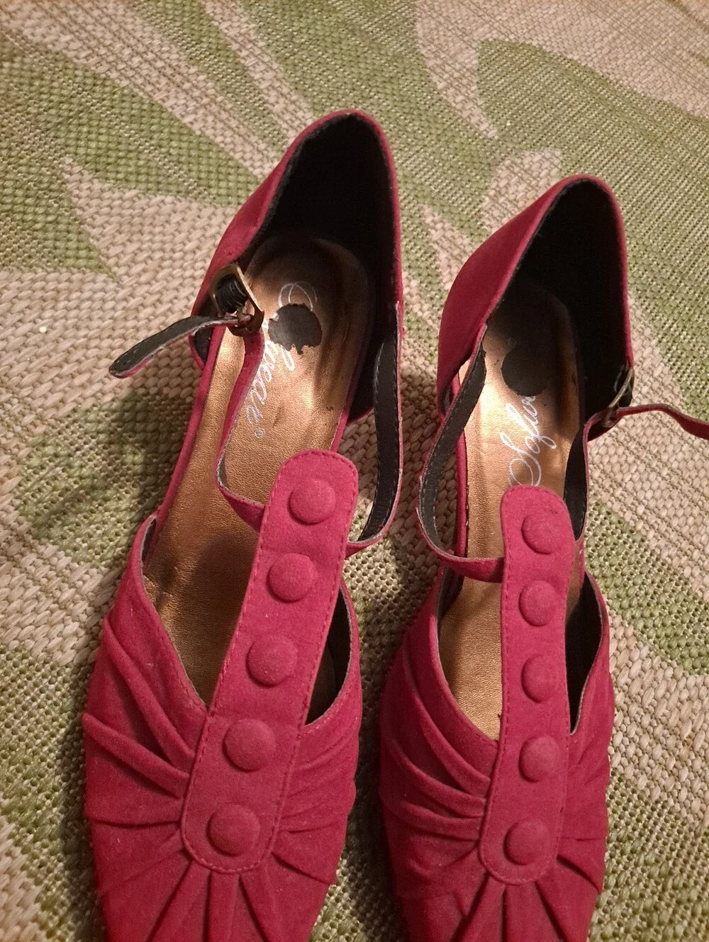 Red Suede T-Strap Heels with Pleated Front and Button Detail